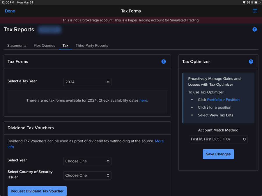 The download tax forms page on the iPad